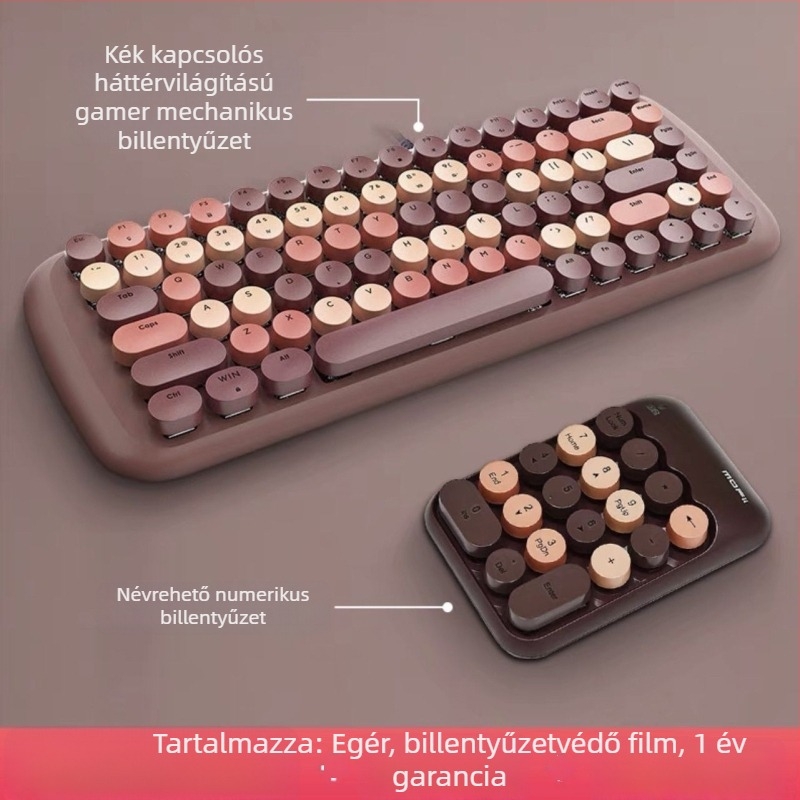 Kábeles mechanikus billentyűzet és egér készlet, punk retro kerek billentyűkkel, USB billentyűzet és USB egér