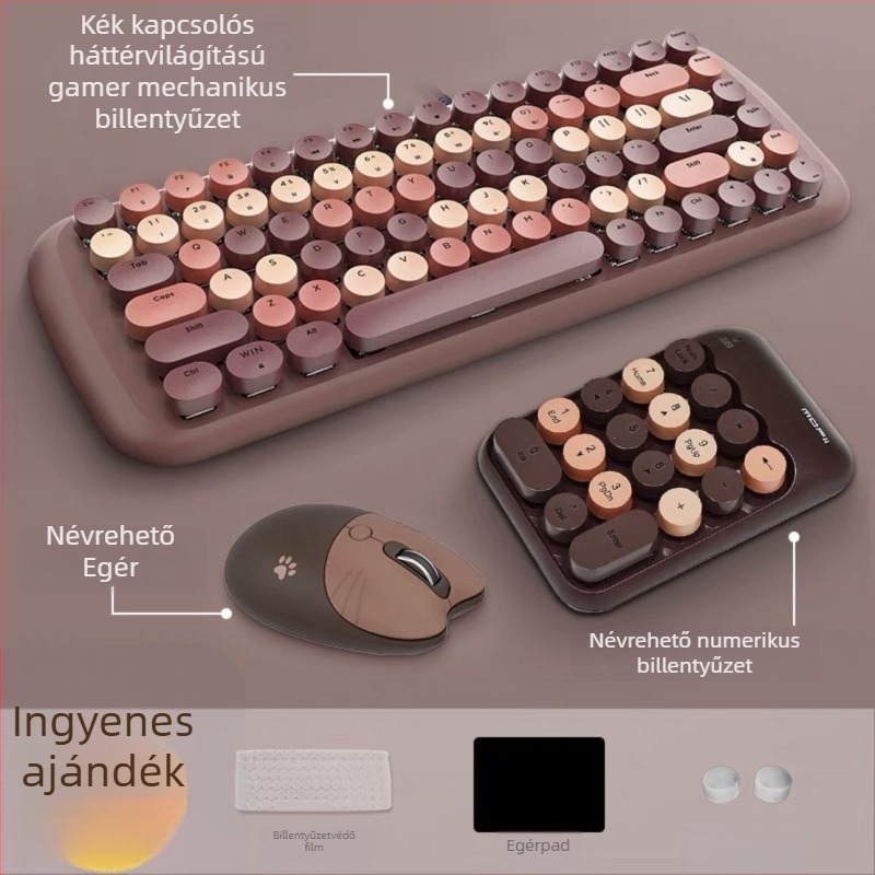 Kábeles mechanikus billentyűzet és egér készlet, punk retro kerek billentyűkkel, USB billentyűzet és USB egér
