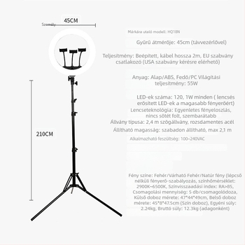 LED gyűrűs lámpa élő közvetítéshez, HQ-18N, 55W, 110-220V, összecsukható