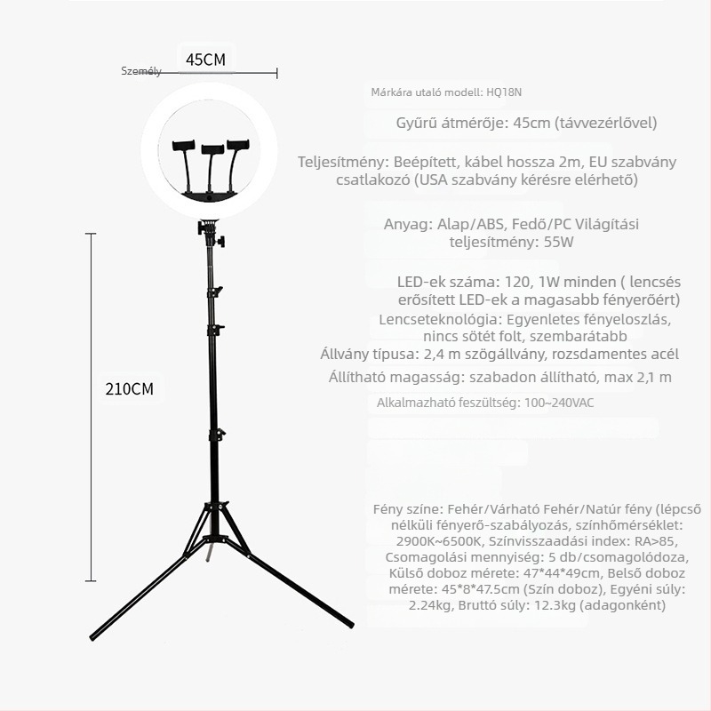 LED gyűrűs lámpa élő közvetítéshez, HQ-18N, 55W, 110-220V, összecsukható
