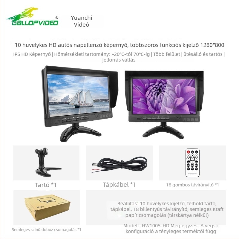 Járműre szerelt LCD-monitor, modell 718; felbontás 800x480/1024x600; analóg bemenet; tápfeszültség 12-36V; Pal/NTSC