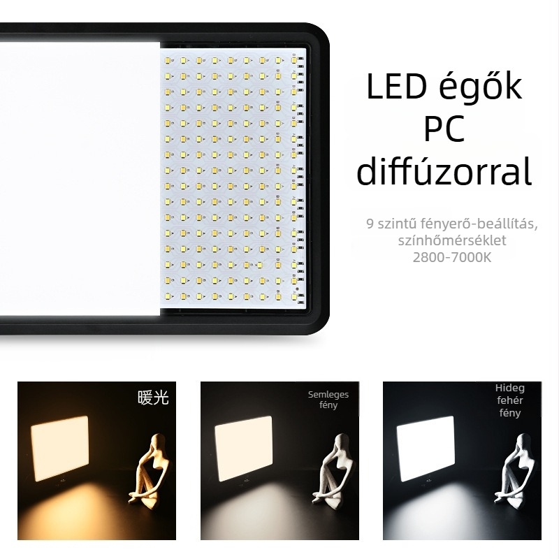 LED világítás élő közvetítéshez és fotózáshoz — dimmable, többfokozatú állítás, kevesebb mint 10W, 5V–12V tápegység