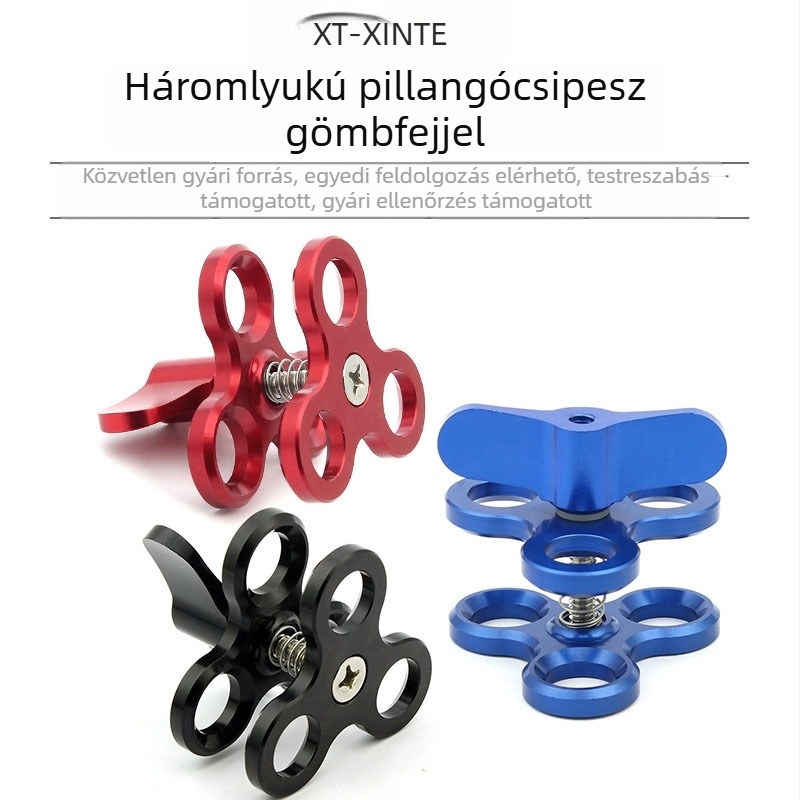Búvárkodáshoz való gömbfej klip — alumínium ötvözet, háromlyukas pillangóklips, kompatibil 1,0 hüvelykes gömbfejjel