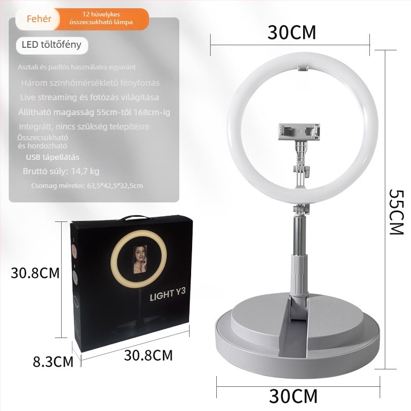 12 hüvelykes RGB LED szépségvilágítás, állítható színhőmérséklet, asztali és állványos kivitel, összecsukható töltőfény élő közvetítéshez