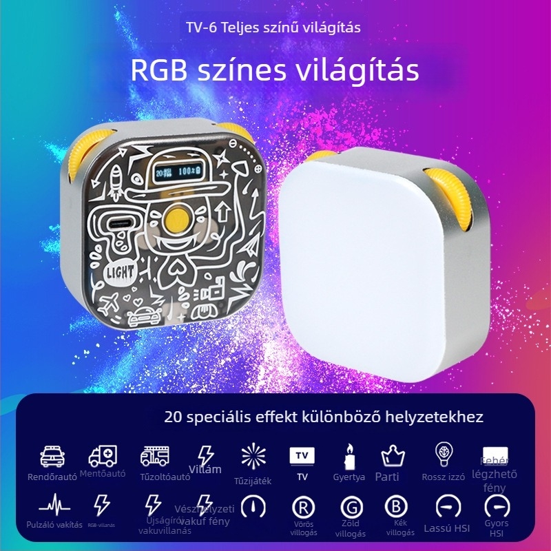 Mini RGB kitöltő fény, kézben tartható, mágneses tartóval, modell TV-6RGB, 6W, 5V