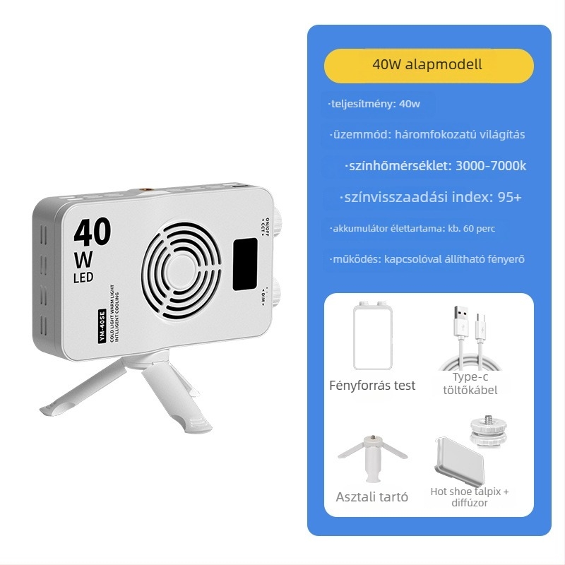 Fotózás fill lámpa – zsebméretű, kézi, 40W, 3 színhőmérséklet, 7.4V, YM-40
