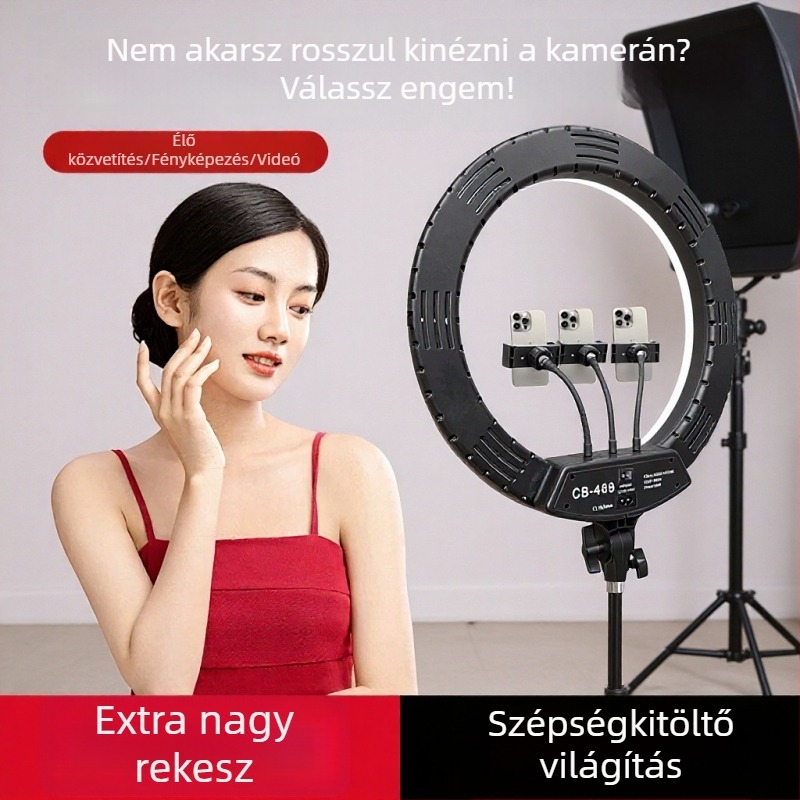 Élő közvetítéshez gyűrűlámpa arcfénnyel, hordozható hárompozíciós állvánnyal, 37W, 12V