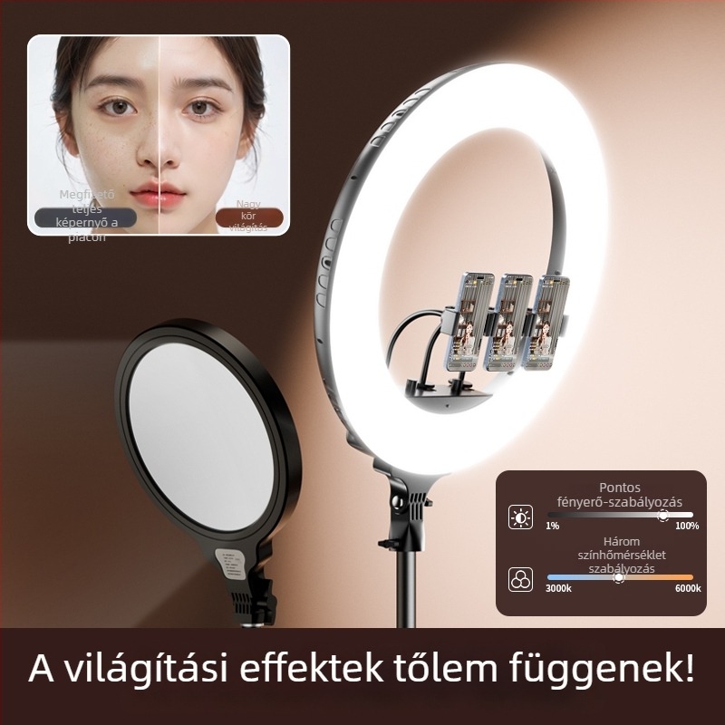 Élő közvetítéshez gyűrűlámpa arcfénnyel, hordozható hárompozíciós állvánnyal, 37W, 12V