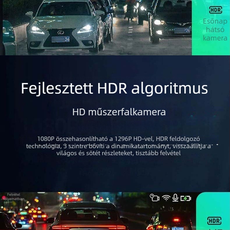 Elő- és hátsó kettős lencsés autókamerás rendszer a visszapillantó tükörbe építve, HD 720p, 120° széles látószög, érintőképernyő, ciklikus felvétel