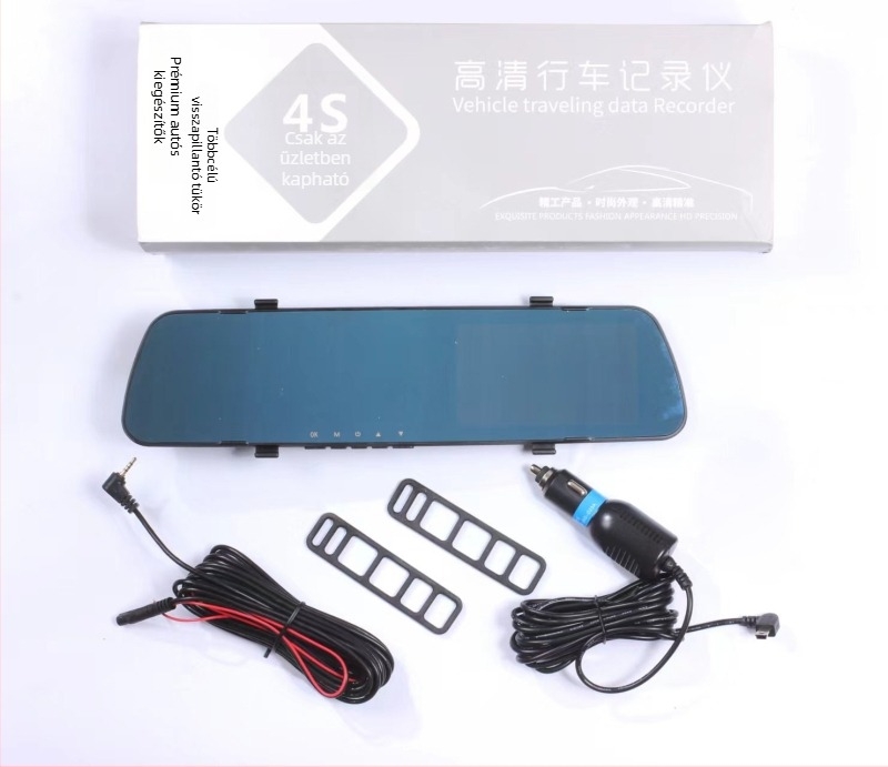 Elő- és hátsó kettős lencsés autókamerás rendszer a visszapillantó tükörbe építve, HD 720p, 120° széles látószög, érintőképernyő, ciklikus felvétel