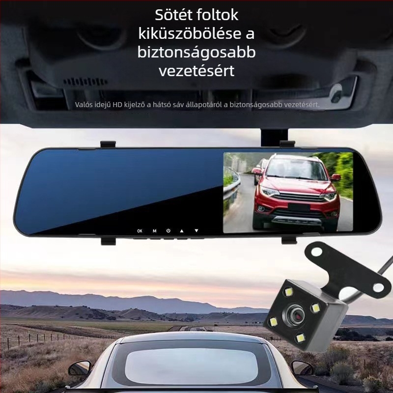 Elő- és hátsó kettős lencsés autókamerás rendszer a visszapillantó tükörbe építve, HD 720p, 120° széles látószög, érintőképernyő, ciklikus felvétel