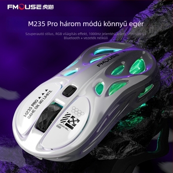 Tiger Cat M235Por játékegér – könnyű, hárommódú kapcsolattal (Bluetooth, 2,4 GHz, vezetékes), RGB világítás, 4800 DPI, 8 gomb