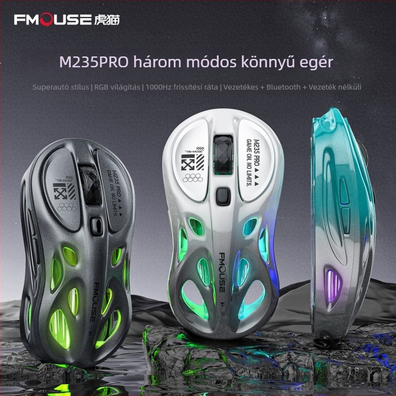 Tiger Cat M235Por játékegér – könnyű, hárommódú kapcsolattal (Bluetooth, 2,4 GHz, vezetékes), RGB világítás, 4800 DPI, 8 gomb