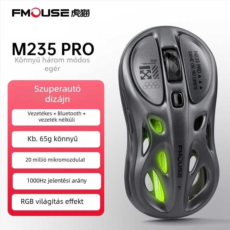 Tiger Cat M235Por játékegér – könnyű, hárommódú kapcsolattal (Bluetooth, 2,4 GHz, vezetékes), RGB világítás, 4800 DPI, 8 gomb
