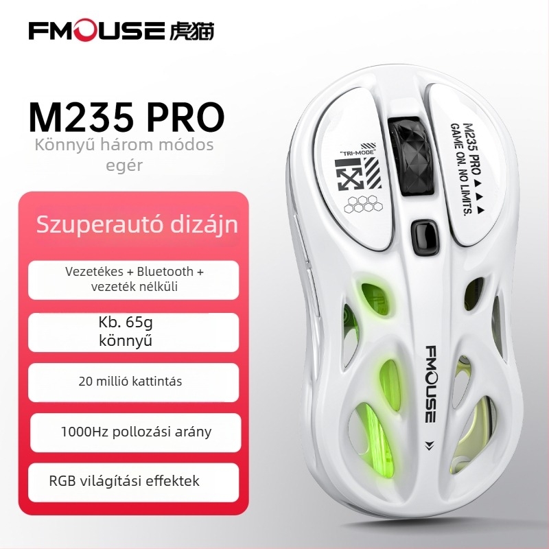Tiger Cat M235Por játékegér – könnyű, hárommódú kapcsolattal (Bluetooth, 2,4 GHz, vezetékes), RGB világítás, 4800 DPI, 8 gomb