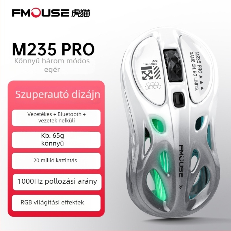 Tiger Cat M235Por játékegér – könnyű, hárommódú kapcsolattal (Bluetooth, 2,4 GHz, vezetékes), RGB világítás, 4800 DPI, 8 gomb