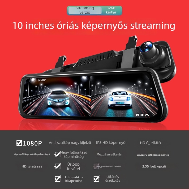 Autós dashcam elő- és hátsó kettős felvétellel, 1080p, 8MP, Wi-Fi, 256GB