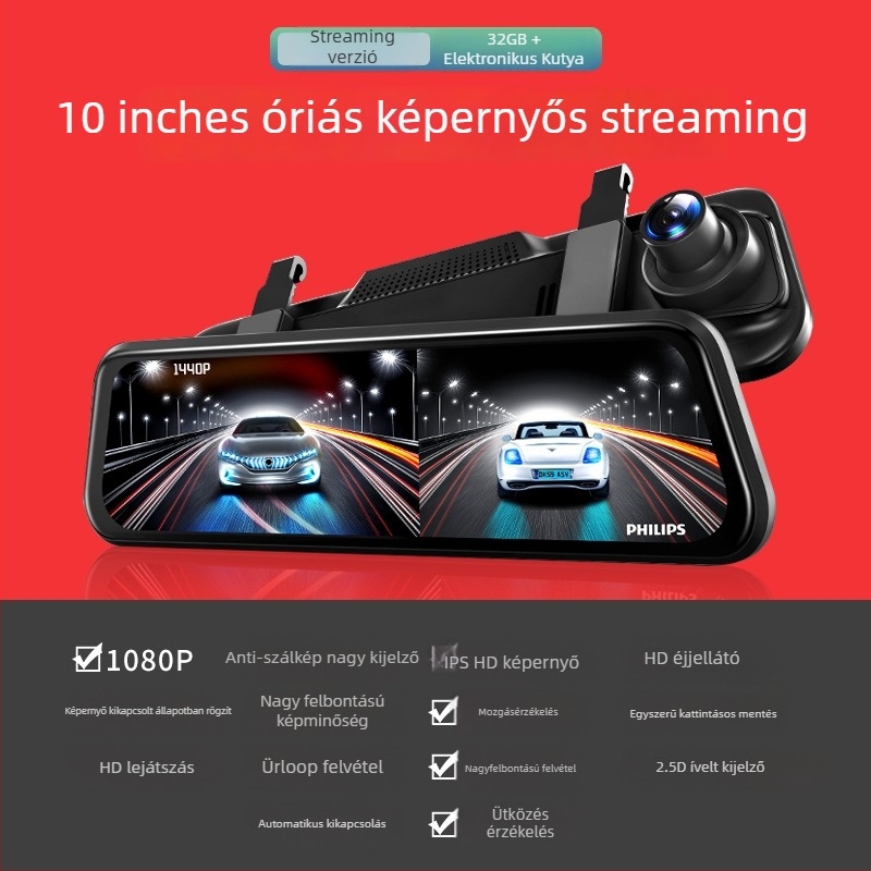 Autós dashcam elő- és hátsó kettős felvétellel, 1080p, 8MP, Wi-Fi, 256GB