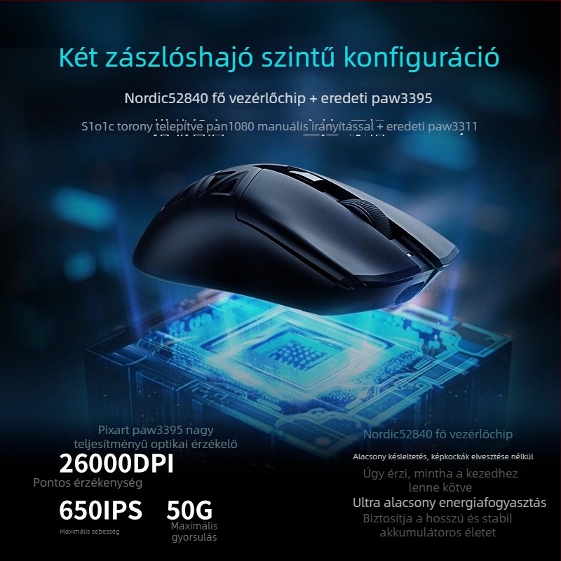 Vezeték nélküli játék egér, 12000 DPI, 8 gomb, 2,4 GHz vezeték nélküli kapcsolat Bluetooth és USB-kábellel, beépített töltés