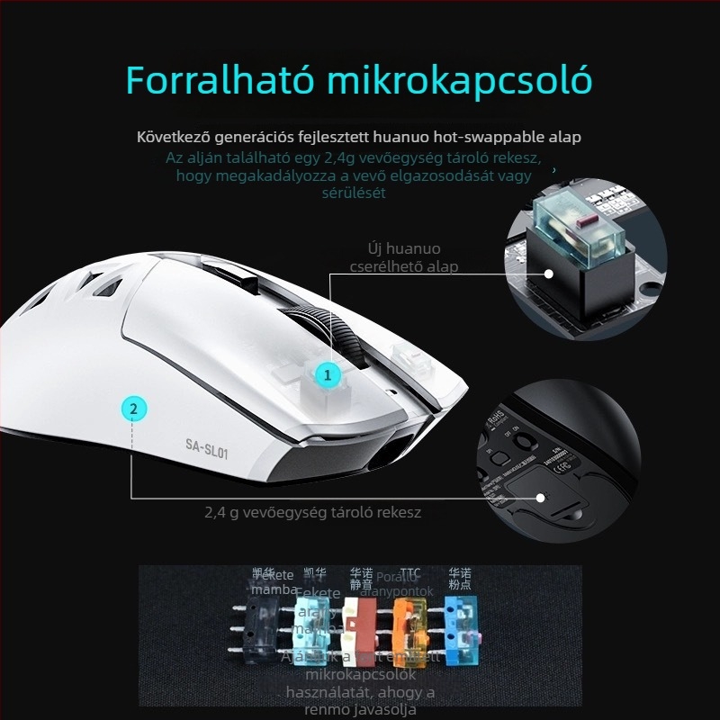 Vezeték nélküli játék egér, 12000 DPI, 8 gomb, 2,4 GHz vezeték nélküli kapcsolat Bluetooth és USB-kábellel, beépített töltés