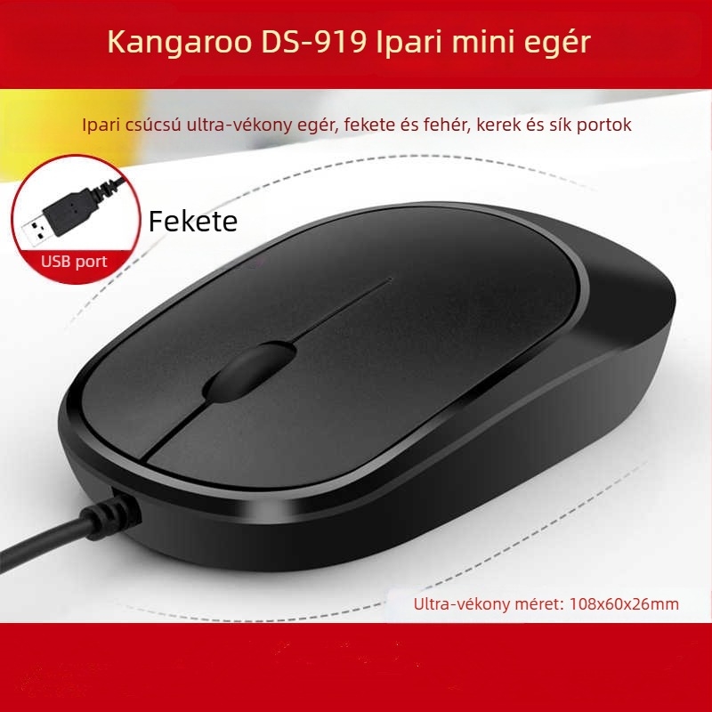 DS919 Optikai USB-s vezetékes egér – ultra vékony, antiszatikus és interferencia-mentes kialakítás – 1000dpi, 3 gomb