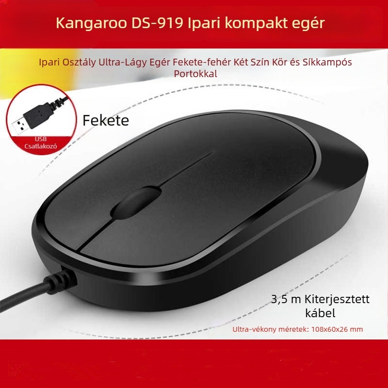 DS919 Optikai USB-s vezetékes egér – ultra vékony, antiszatikus és interferencia-mentes kialakítás – 1000dpi, 3 gomb