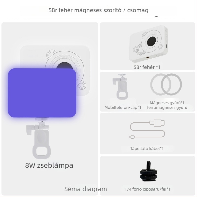 LED RGB zseblámpa telefonhoz – mágneses klipek, 8W, 5V/9V, színhőmérséklet szabályozható 2500K-9900K