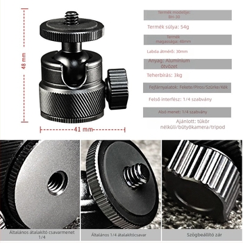 Vndefo kamera tripod gömbös gimbállal, alumíniumötvözetből, 360° vízszintes és függőleges forgás, 55 g tömeg, kompatibil mikro-kamera/SLR/DV/telefonklip