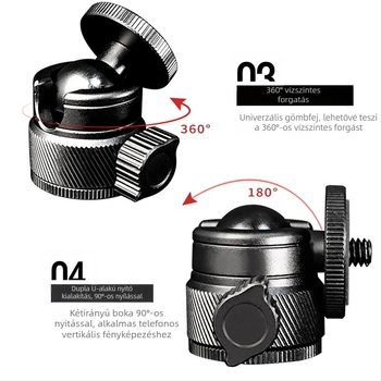 Vndefo kamera tripod gömbös gimbállal, alumíniumötvözetből, 360° vízszintes és függőleges forgás, 55 g tömeg, kompatibil mikro-kamera/SLR/DV/telefonklip