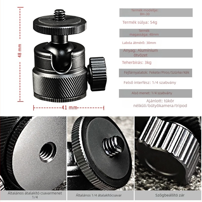 Vndefo kamera tripod gömbös gimbállal, alumíniumötvözetből, 360° vízszintes és függőleges forgás, 55 g tömeg, kompatibil mikro-kamera/SLR/DV/telefonklip