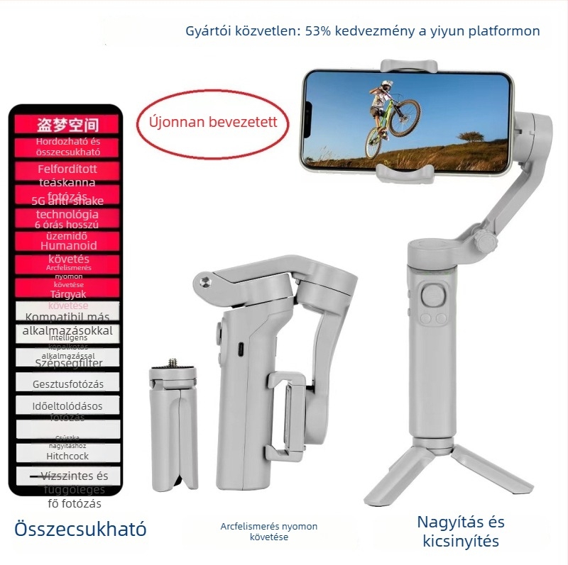 Háromtengelyes okostelefon-stabilizátor — kézben fogható PTZ gimbal 360° panoráma/forgás, Bluetooth, kompatibilis okostelefonnal, ABS műanyag