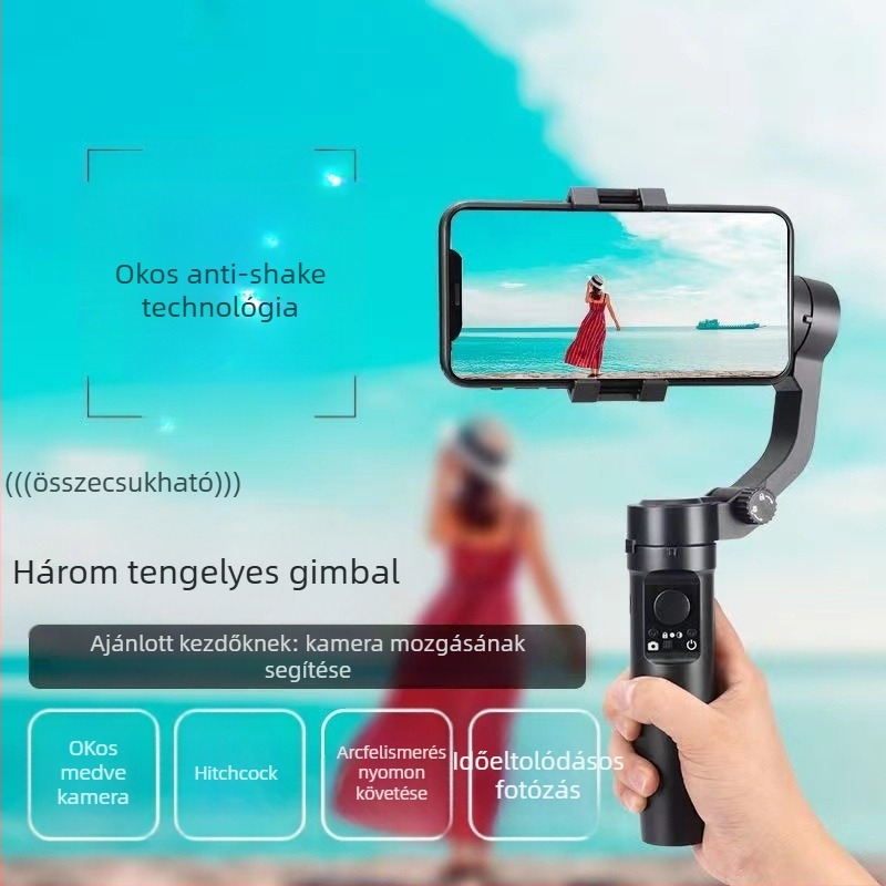 Háromtengelyes okostelefon-stabilizátor — kézben fogható PTZ gimbal 360° panoráma/forgás, Bluetooth, kompatibilis okostelefonnal, ABS műanyag