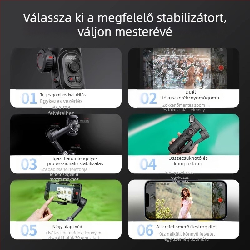 Ouchuan Smart XE okostelefon stabilizátor AI követéssel, 3-tengelyes stabilizáció élő közvetítésekhez és rövid videókhoz, kompatibil a legtöbb okostelefonnal