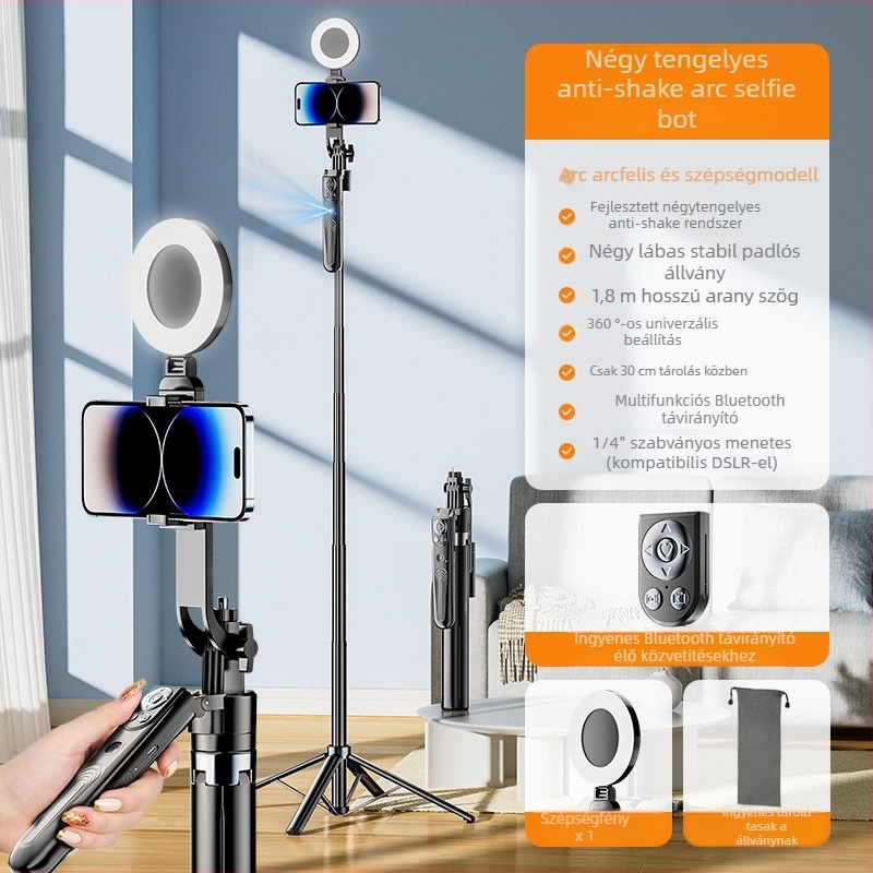 B181 arcfelismerő selfie stick automatikus követéssel, rázkódás elleni stabilizálás, töltőfény és Bluetooth távirányító