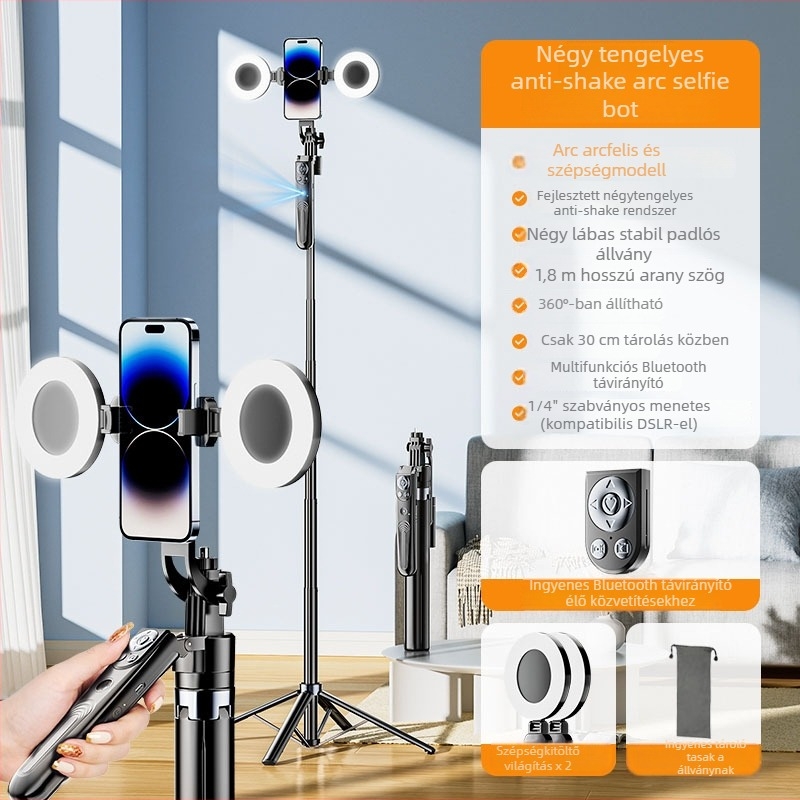 B181 arcfelismerő selfie stick automatikus követéssel, rázkódás elleni stabilizálás, töltőfény és Bluetooth távirányító