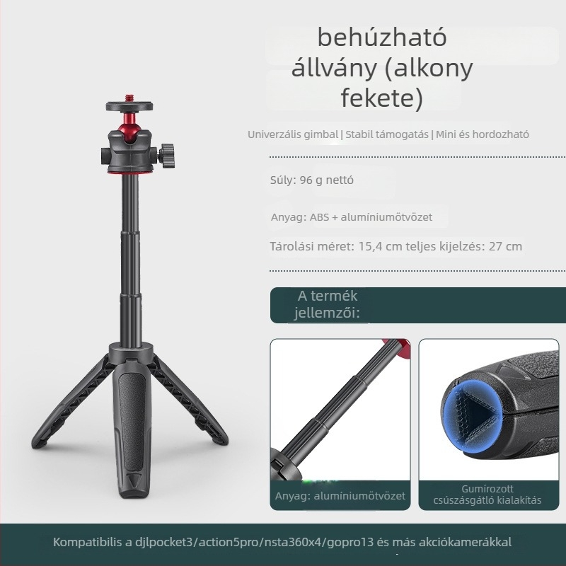 Pocket 3 Kinyúló Mini Tripod – 3-szekciós teleszkópos kézi állvány DJI Action 5 Pro/4/3-hoz, ABS+Fém, gömbfej, terhelés 2–5 kg
