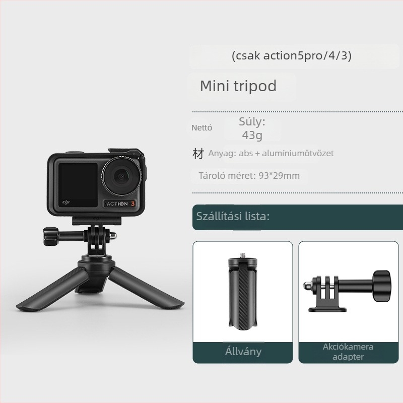 Pocket 3 Kinyúló Mini Tripod – 3-szekciós teleszkópos kézi állvány DJI Action 5 Pro/4/3-hoz, ABS+Fém, gömbfej, terhelés 2–5 kg