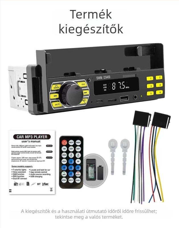 Autóba készülékbe való MP3 lejátszó Bluetooth-kal és FM rádióval, USB/SD-kártya, 260000 színű kijelző, 12V DC interfész
