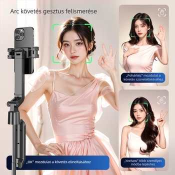 Intelligens követővel ellátott szelfi bot 360°-os forgással, arckövetés, rezgésmentes gimbal, alumínium ötvözet, Bluetooth távirányító