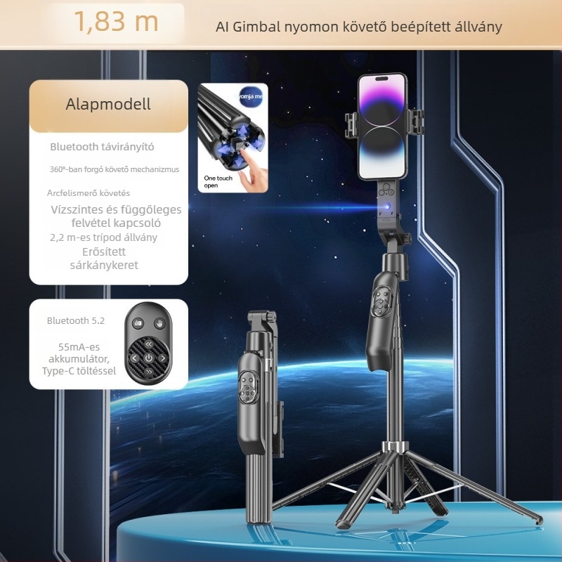 Intelligens követővel ellátott szelfi bot 360°-os forgással, arckövetés, rezgésmentes gimbal, alumínium ötvözet, Bluetooth távirányító
