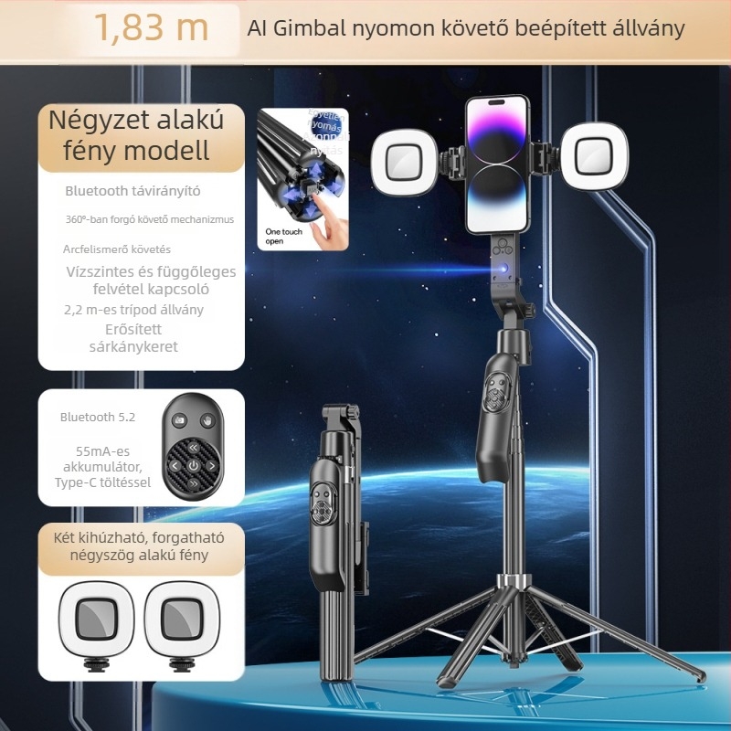 Intelligens követővel ellátott szelfi bot 360°-os forgással, arckövetés, rezgésmentes gimbal, alumínium ötvözet, Bluetooth távirányító