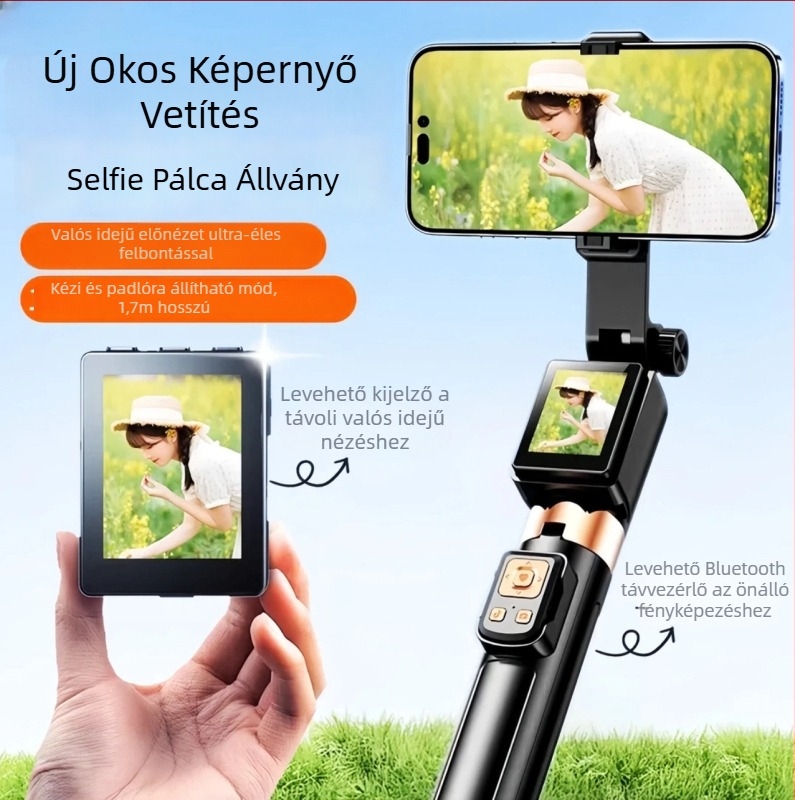 Okos szelfi bot képernyővetítéssel, távirányítóval, Bluetooth-szal, beépített világítással és képstabilizációval