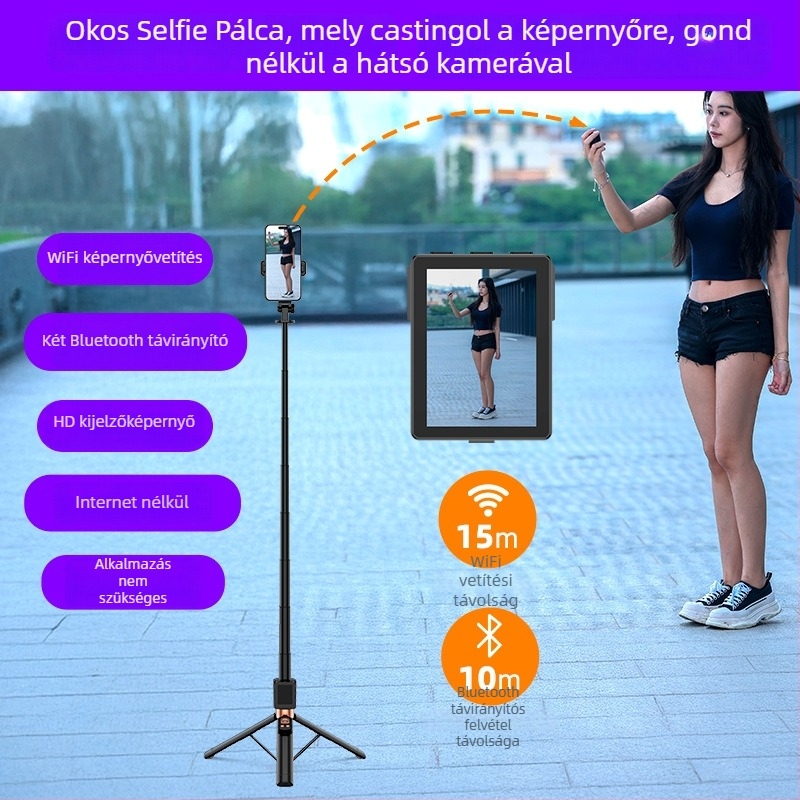 Okos szelfi bot képernyővetítéssel, távirányítóval, Bluetooth-szal, beépített világítással és képstabilizációval