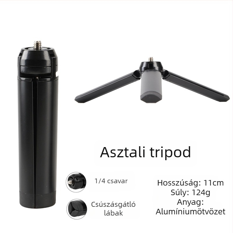 Alumínium ötvözetből készült háromlábú állvány gömbfejjel, 3 részes, teherbírás max 2 kg, súly 152 g