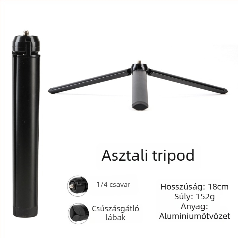 Alumínium ötvözetből készült háromlábú állvány gömbfejjel, 3 részes, teherbírás max 2 kg, súly 152 g