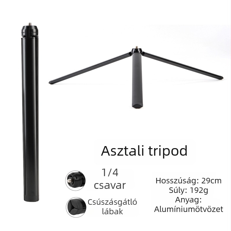 Alumínium ötvözetből készült háromlábú állvány gömbfejjel, 3 részes, teherbírás max 2 kg, súly 152 g