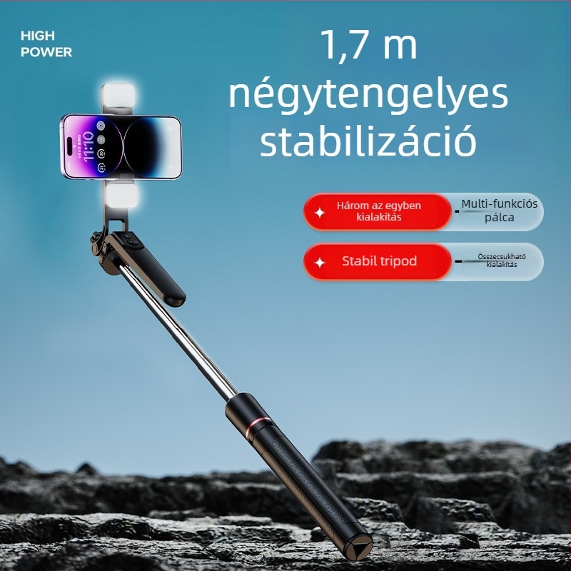 Bluetooth gimbalos selfie bot állvány — 3 az 1-ben telefon-tartó, beépített fény, távirányító, univerzális kompatibilitás