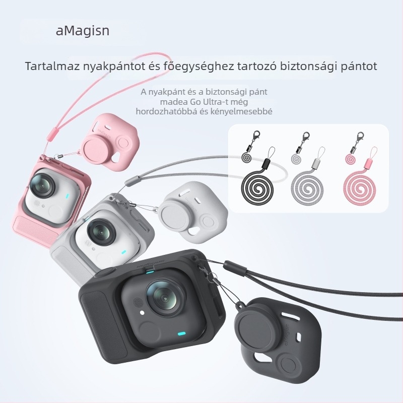 Amagisn szilikon védőtok Insta360 GO Ultrahoz – TF15/TF16/TF17 kompatibilis, tartalmaz lencsevédőt, nyakpántot, lencsetakaró zsinórt és logó matricát