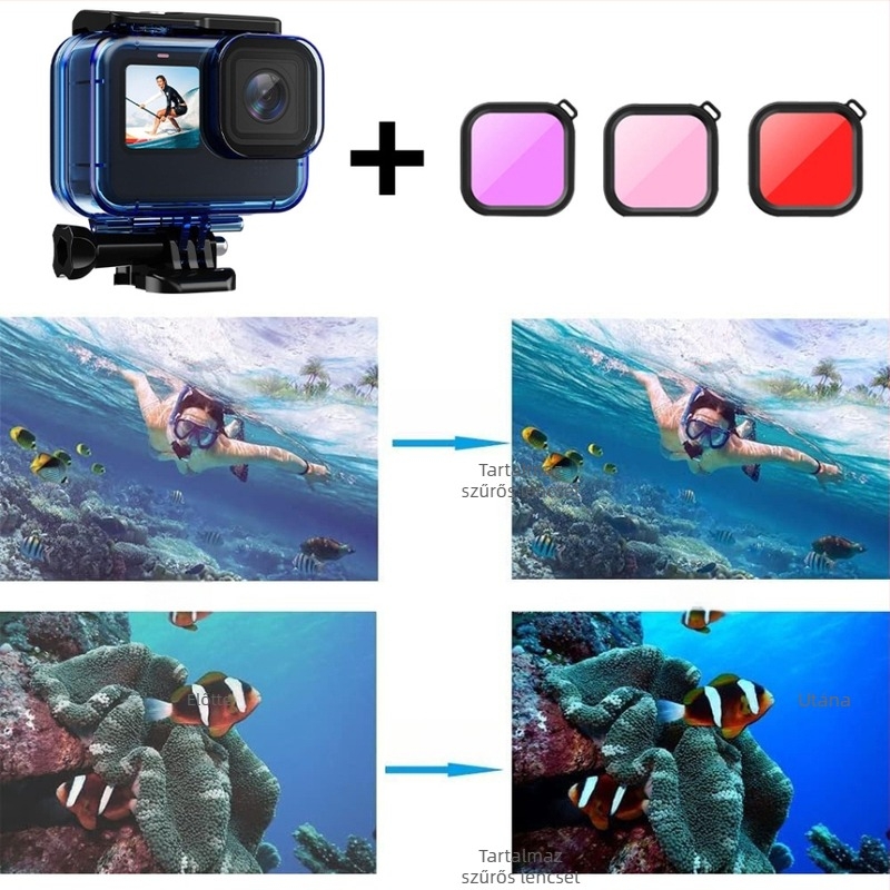 GoPro 9-13 vízálló tok kiegészítőkhöz, készlet; Anyag: PC + edzett üveg; Modell: 9-13; Logó nyomtatott