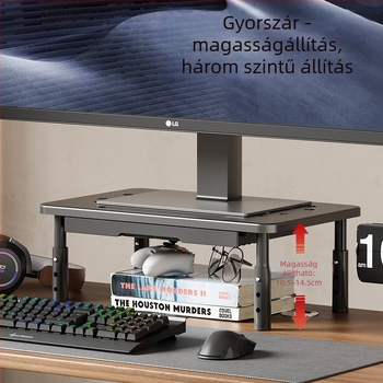 Függőleges íróasztal polc fiókokkal, állítható magasságú állvány monitorhoz и laptophoz, anyag: hidegen hengerelt acél + műanyag, nettó tömeg 864 g